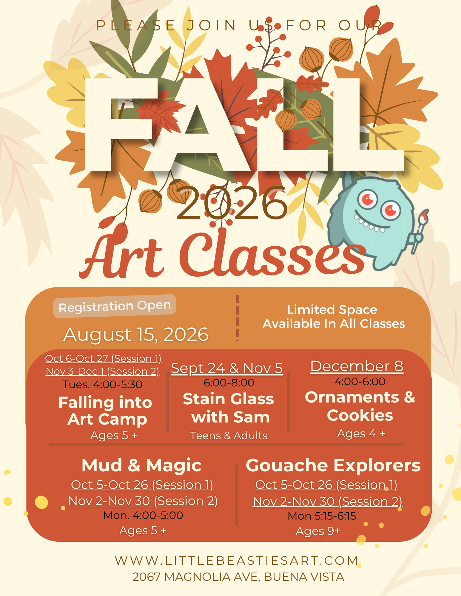 Little Beasties Fall 2026 art classes poster