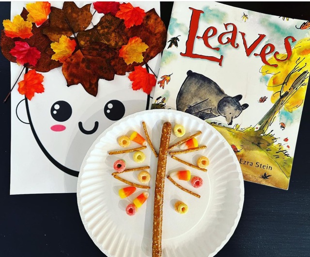 The picture book Leaves beside a leaf collage and book-inspired snack activity